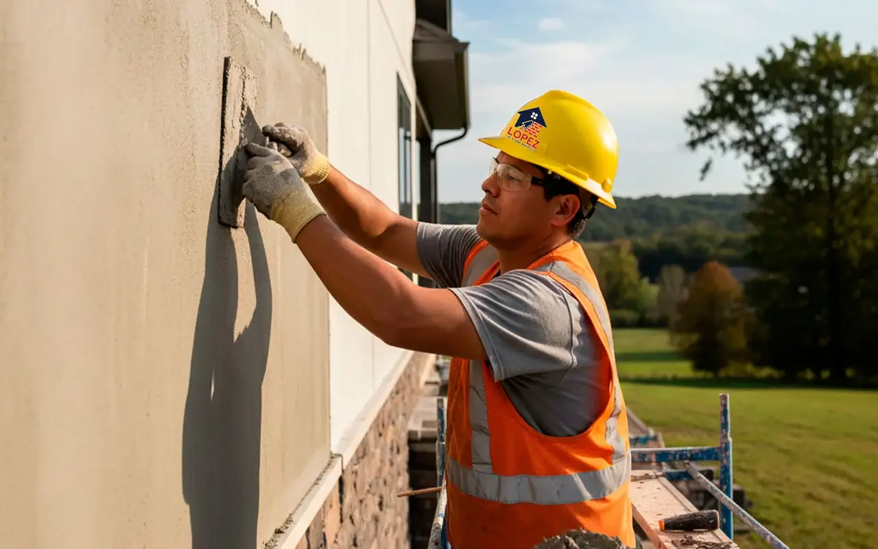 Professional plasterer applying exterior stucco finish on a residential property in Ohio.