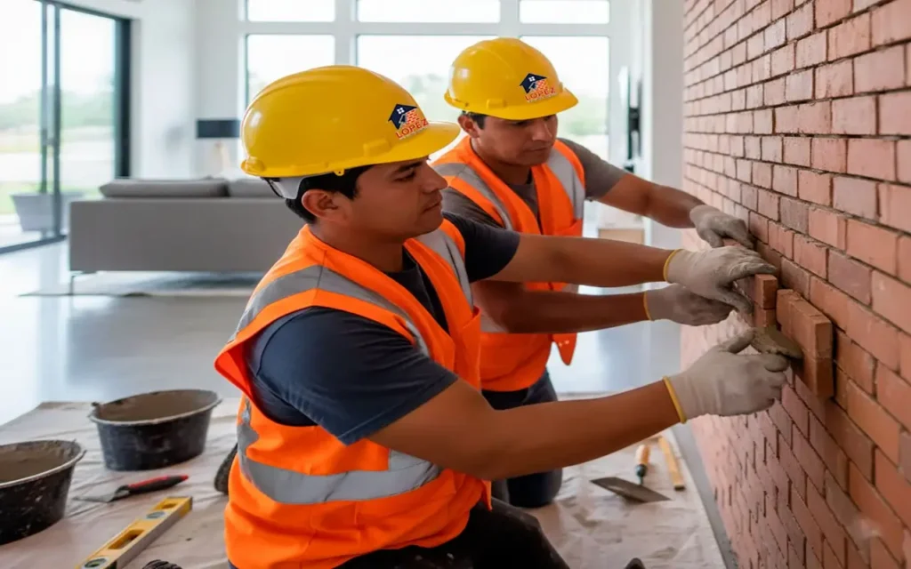 Two bricklayers wearing yellow hard hats installing decorative stone bricks in Grove City, Ohio