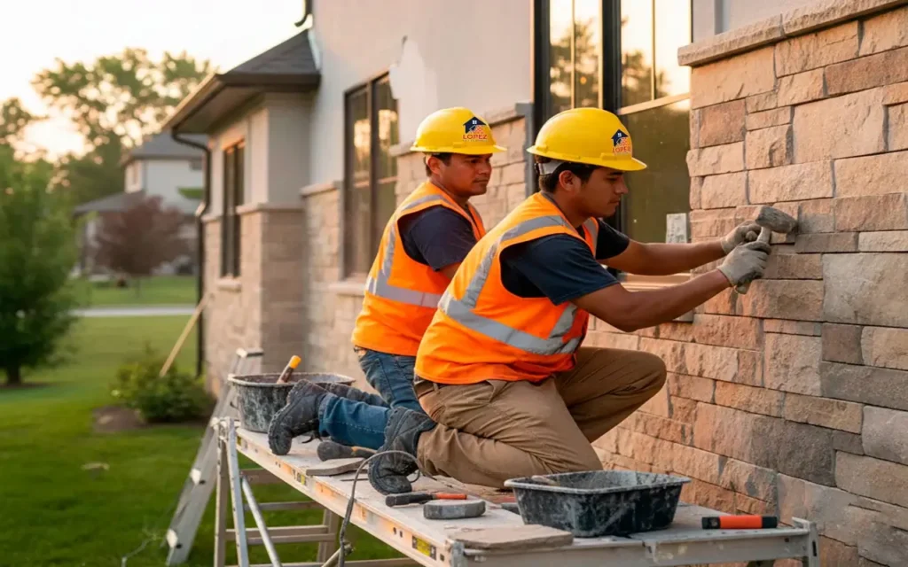 Two construction workers wearing yellow hard hats and safety vests installing natural stone cladding on the exterior facade of a residential home.
