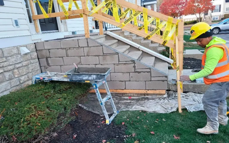 Professional masonry contractor repairing a concrete staircase base to ensure structural integrity and safety.